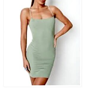 Misguided Sage Knit Dress with Faux Pearl Straps